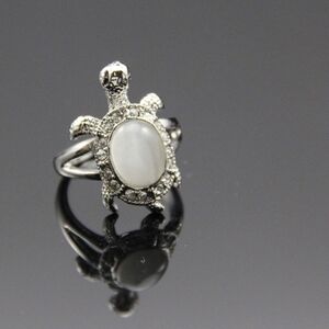 Silver Turtle Ring with White Gemstone